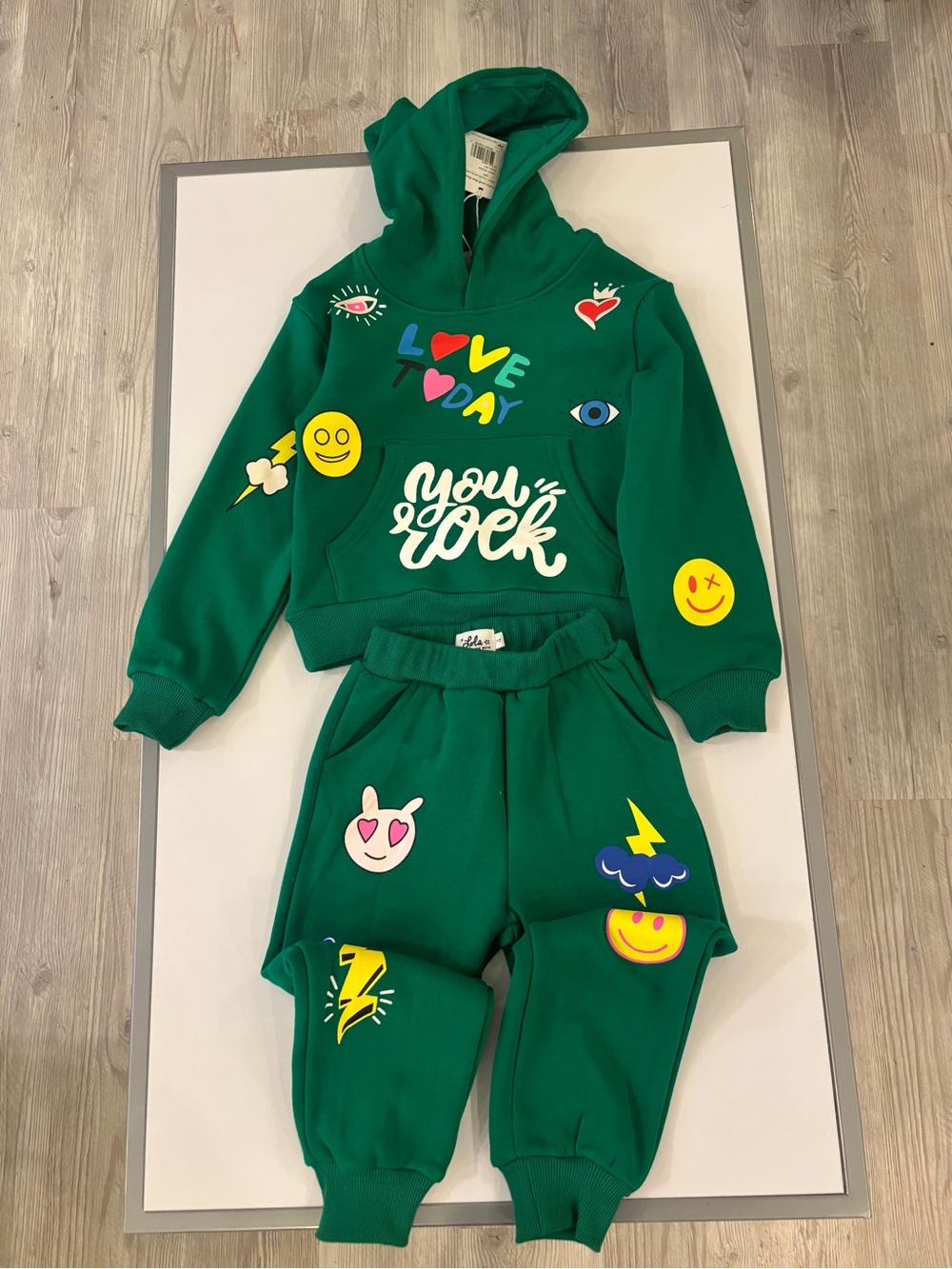 Lola + The Boys Green Hoodie & Joggers Set with Emoji Graphics